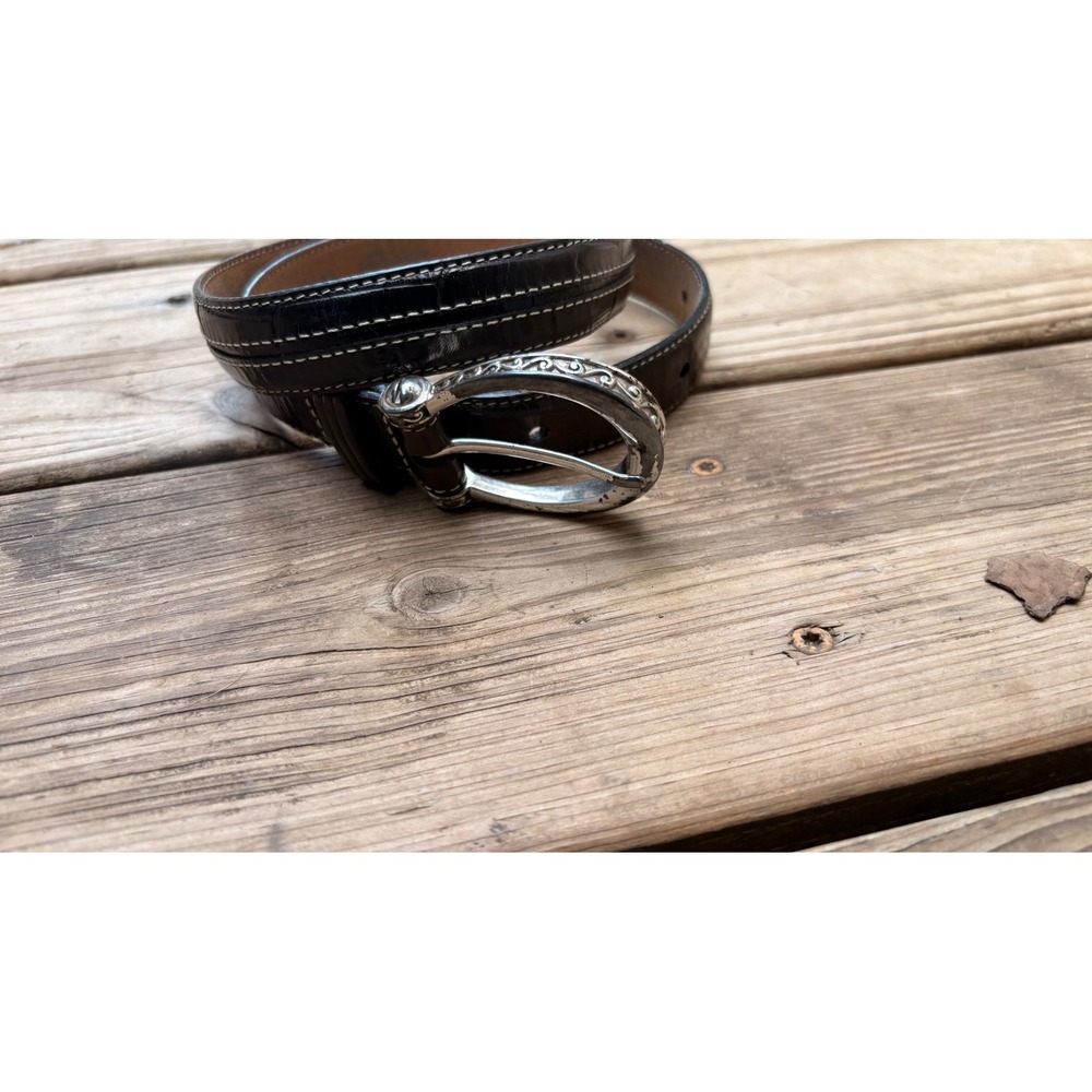 Brighton Black Croc Embossed Leather Belt Silver Scroll Buckle B10633 Size 32